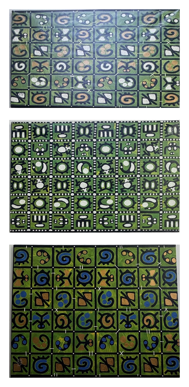 Collection photograph: three panels in green.