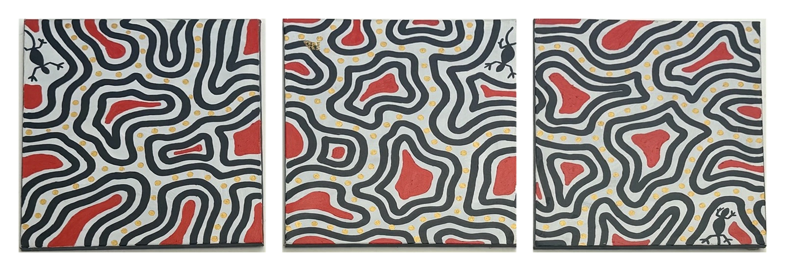 Collection photograph: three panels in red and black.