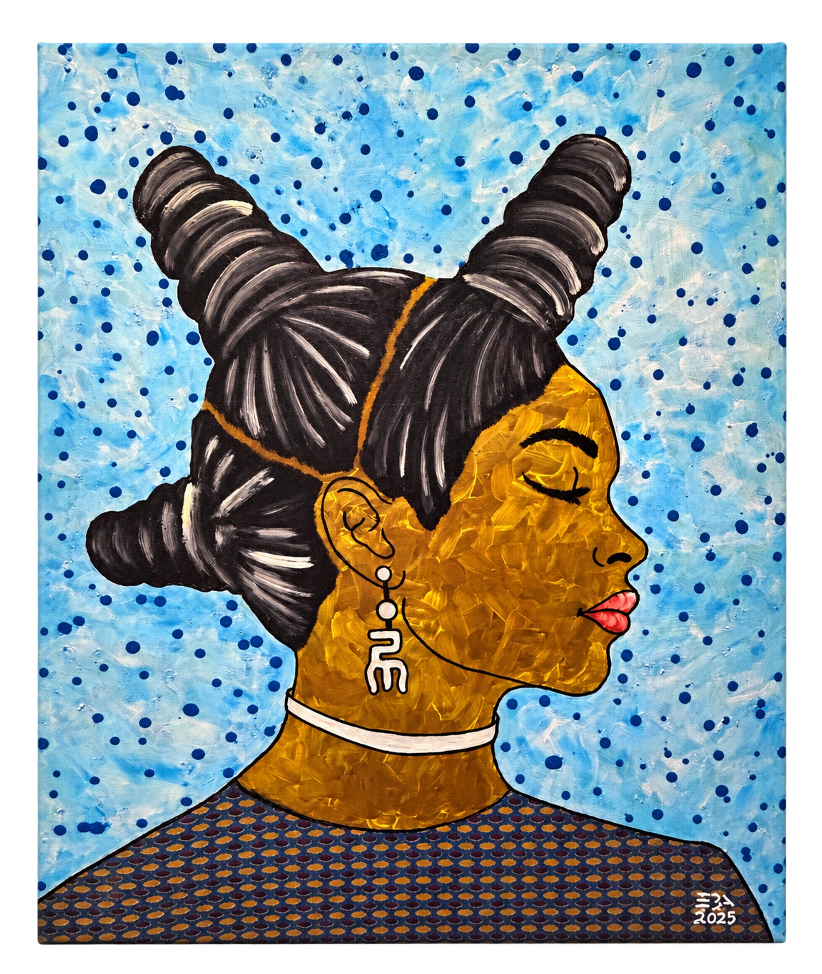 A side-profile portrait with sculptural hair, golden facial tones and a patterned blue background.