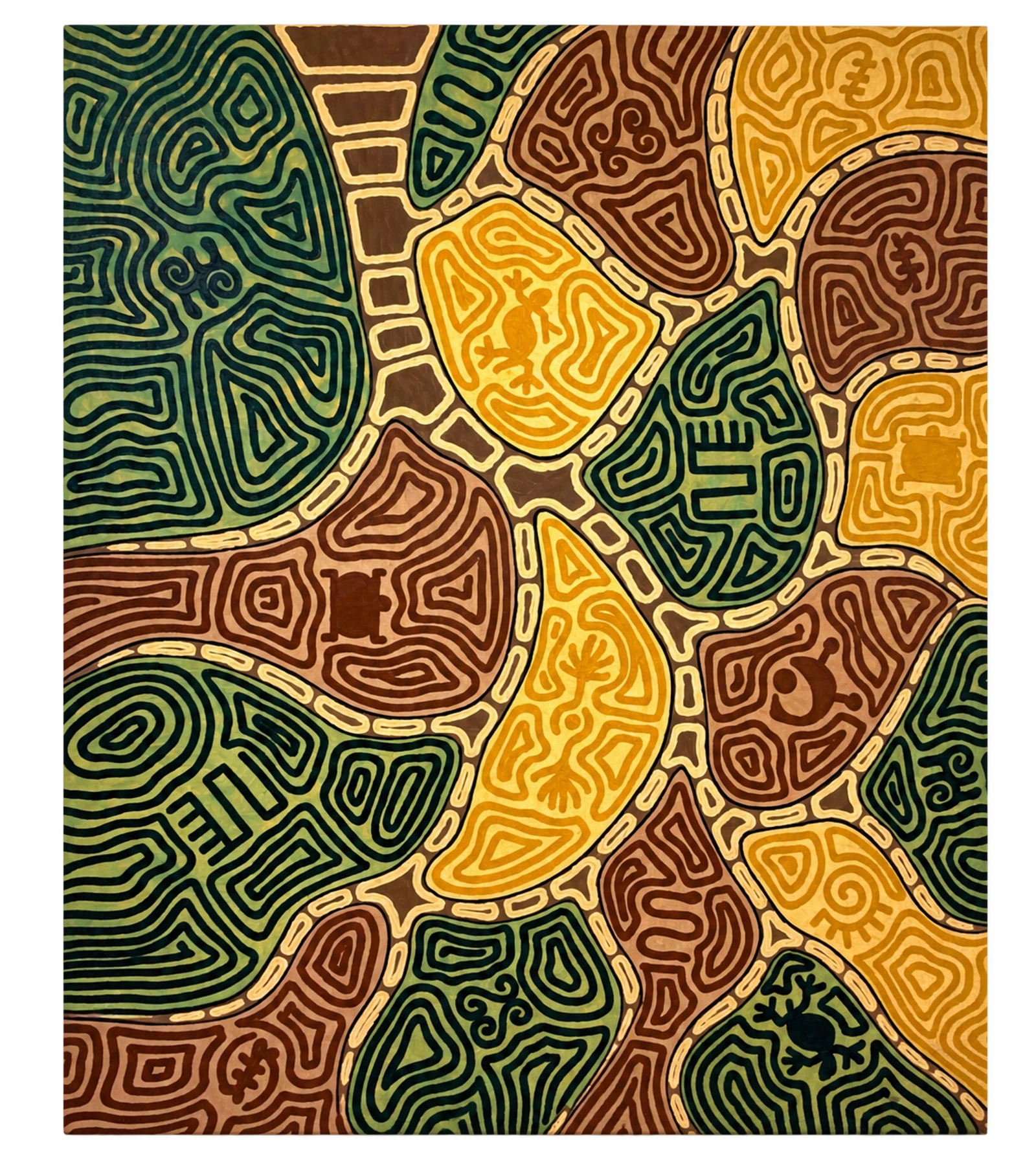 An abstract composition of winding lines in green, ochre and dark brown, photographed on the hotel wall.
