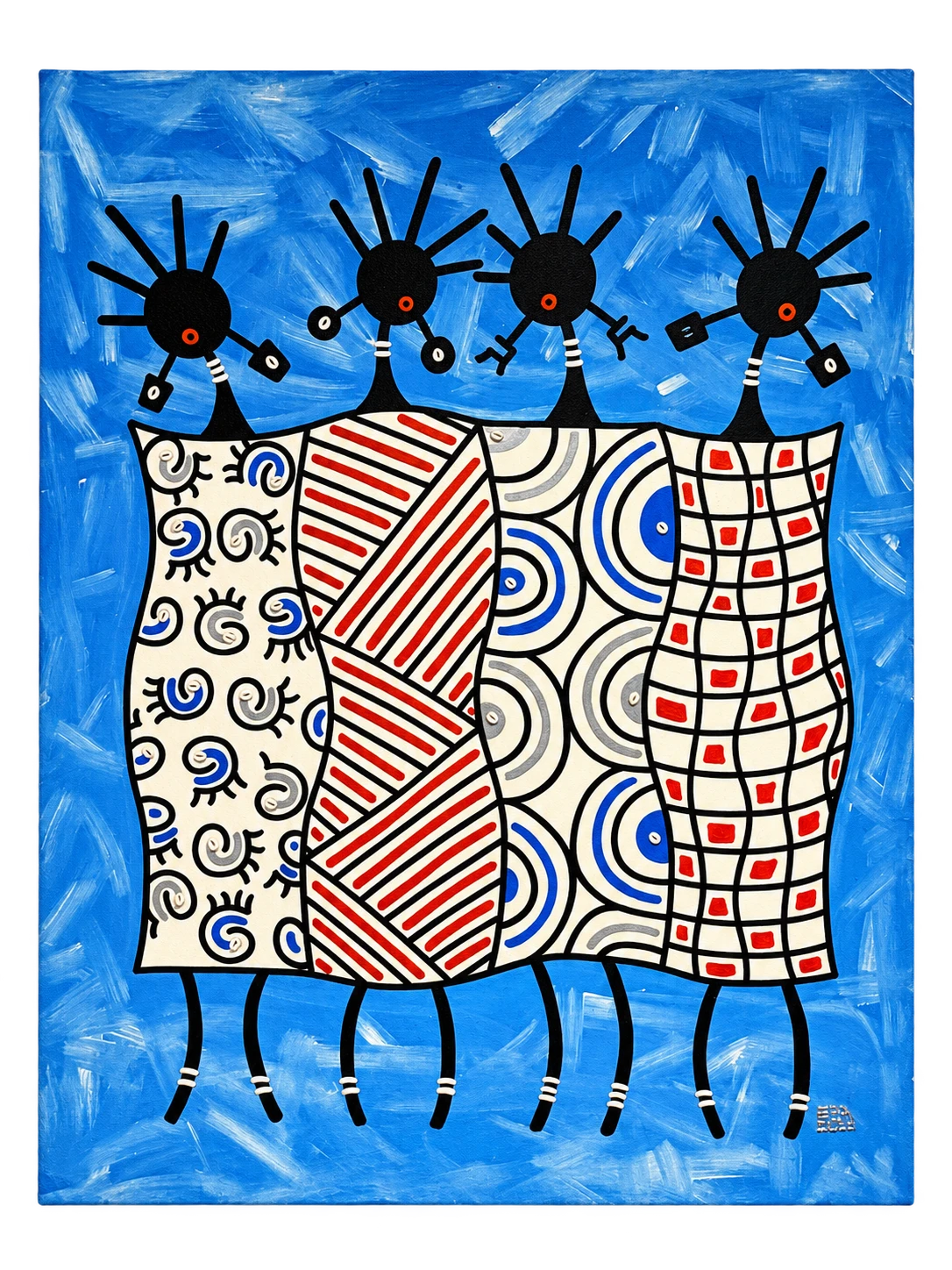 Four stylised figures in patterned garments against a blue background.