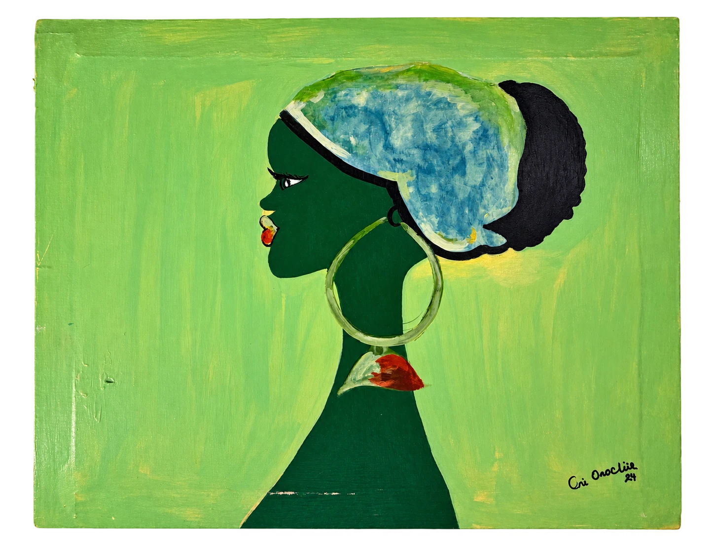 A silhouetted profile wearing a blue headwrap and a circular earring on a green background.