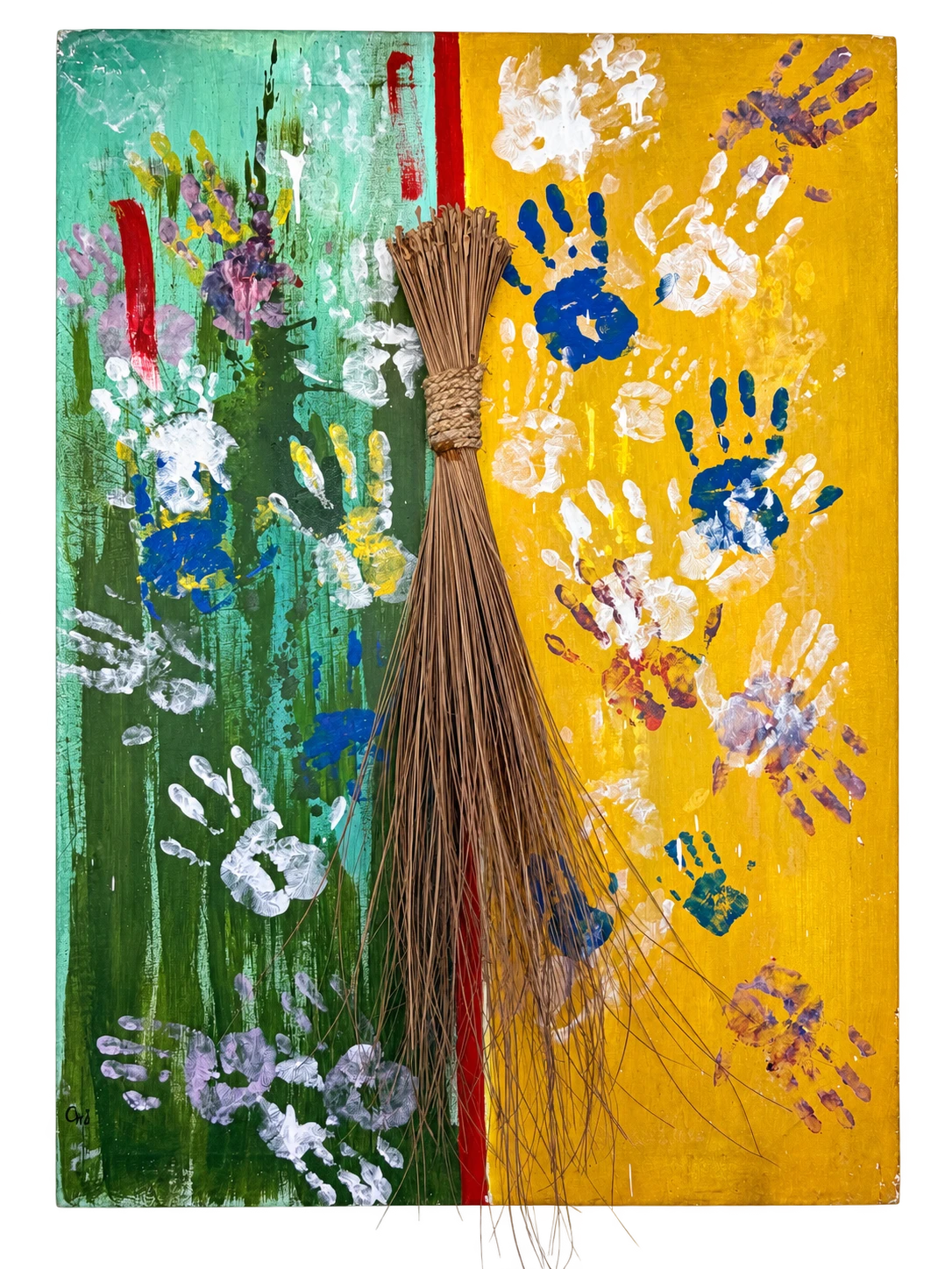 Collection photograph: handprints on green and yellow.