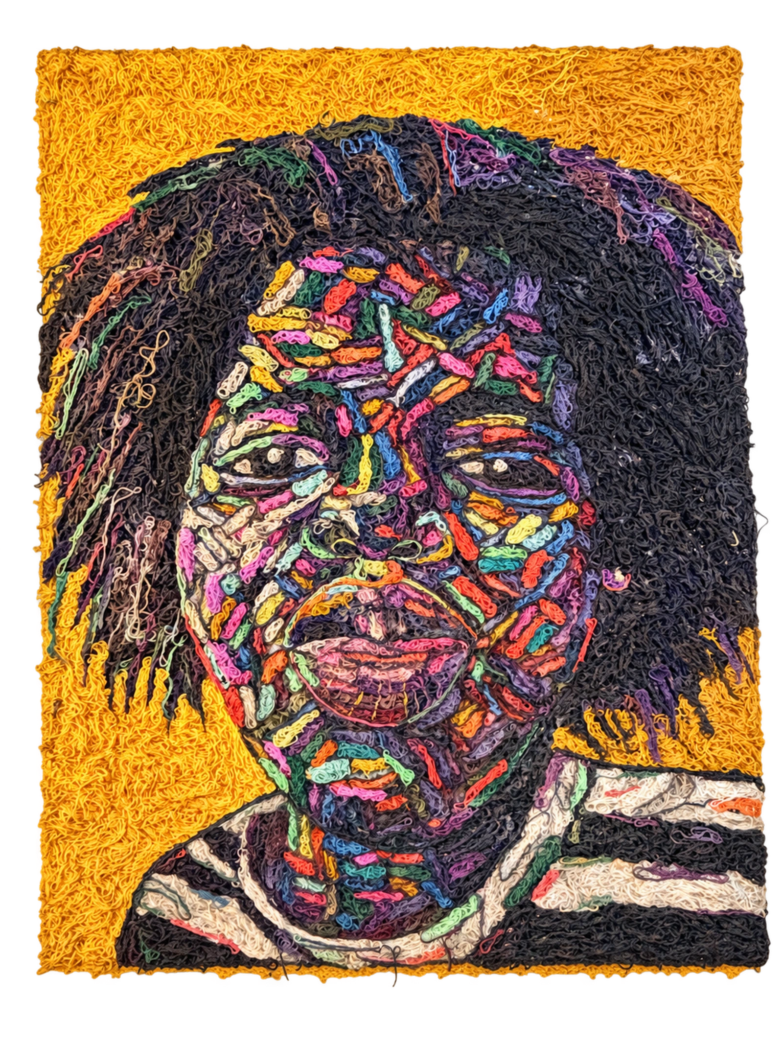 A portrait assembled from multicoloured fibres against a vivid yellow background.
