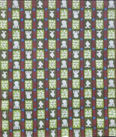Vertical bands of pale symbols on green and brown fields with blue dots, left-hand panel of A Piece of Nature by Eba Ussher.
